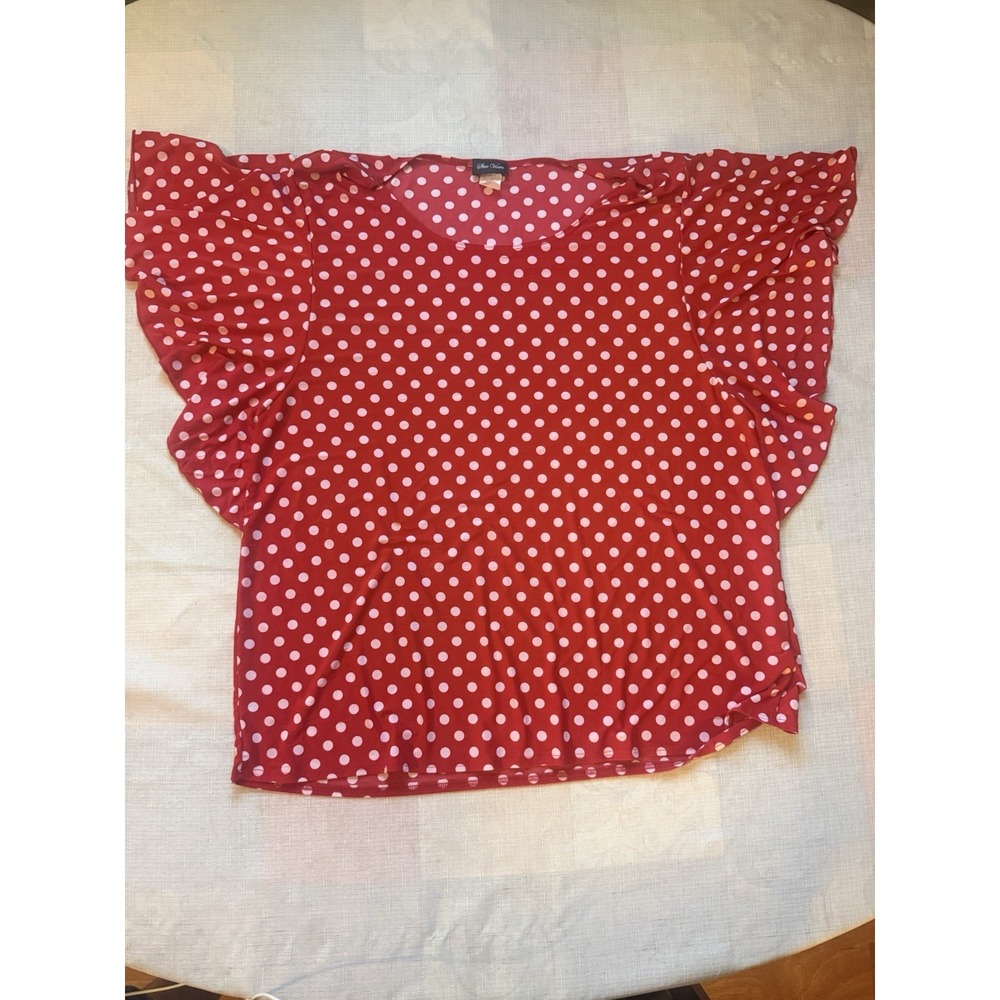 Chico's Travelers Red White Polka Dot Ruffle Sleeve Blouse Top Size 1.5 XL—1